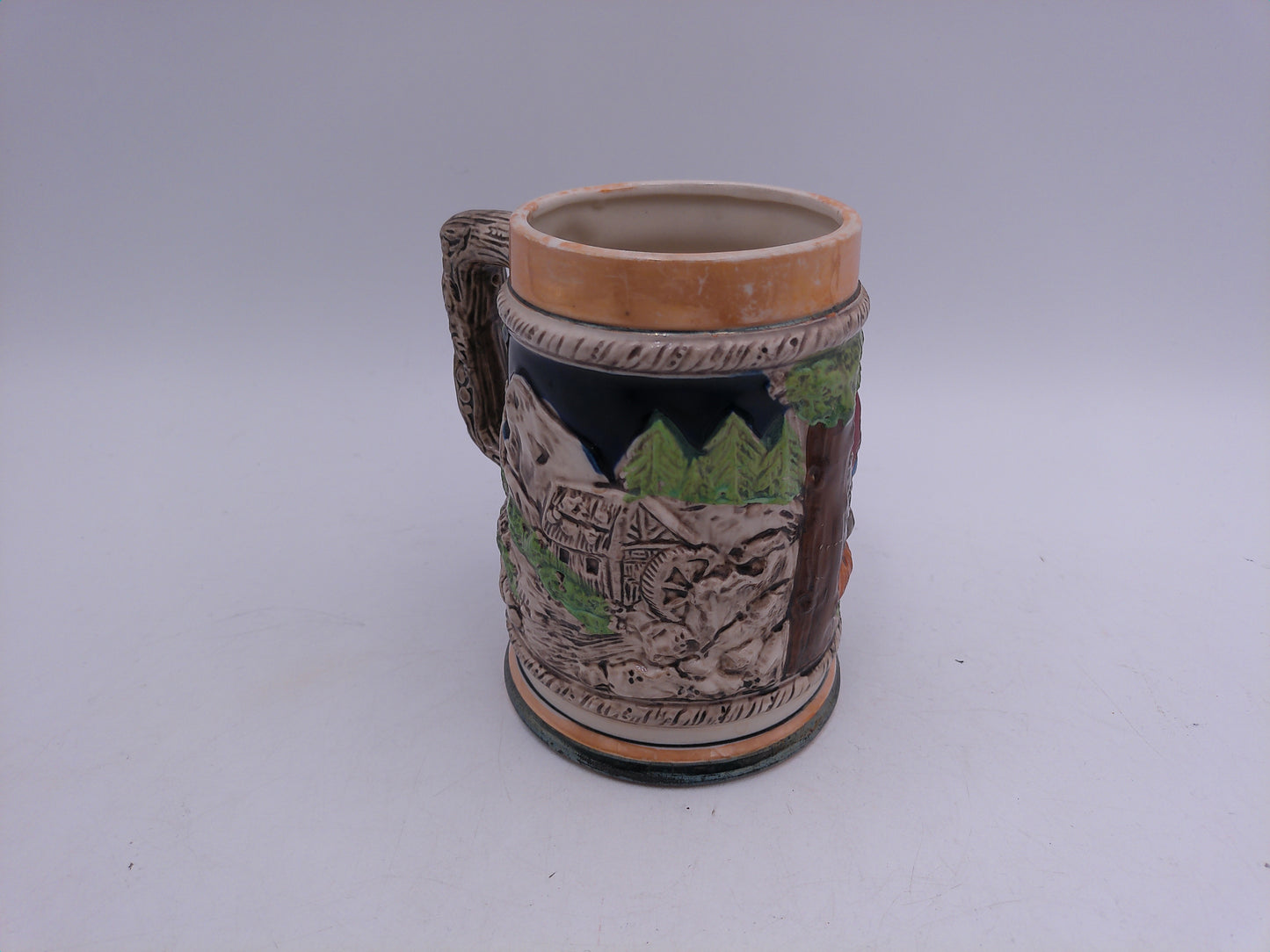 Beer Stein Made In Germany Porcelain, Tree Handle Hand Painted German Artwork, Vintage
