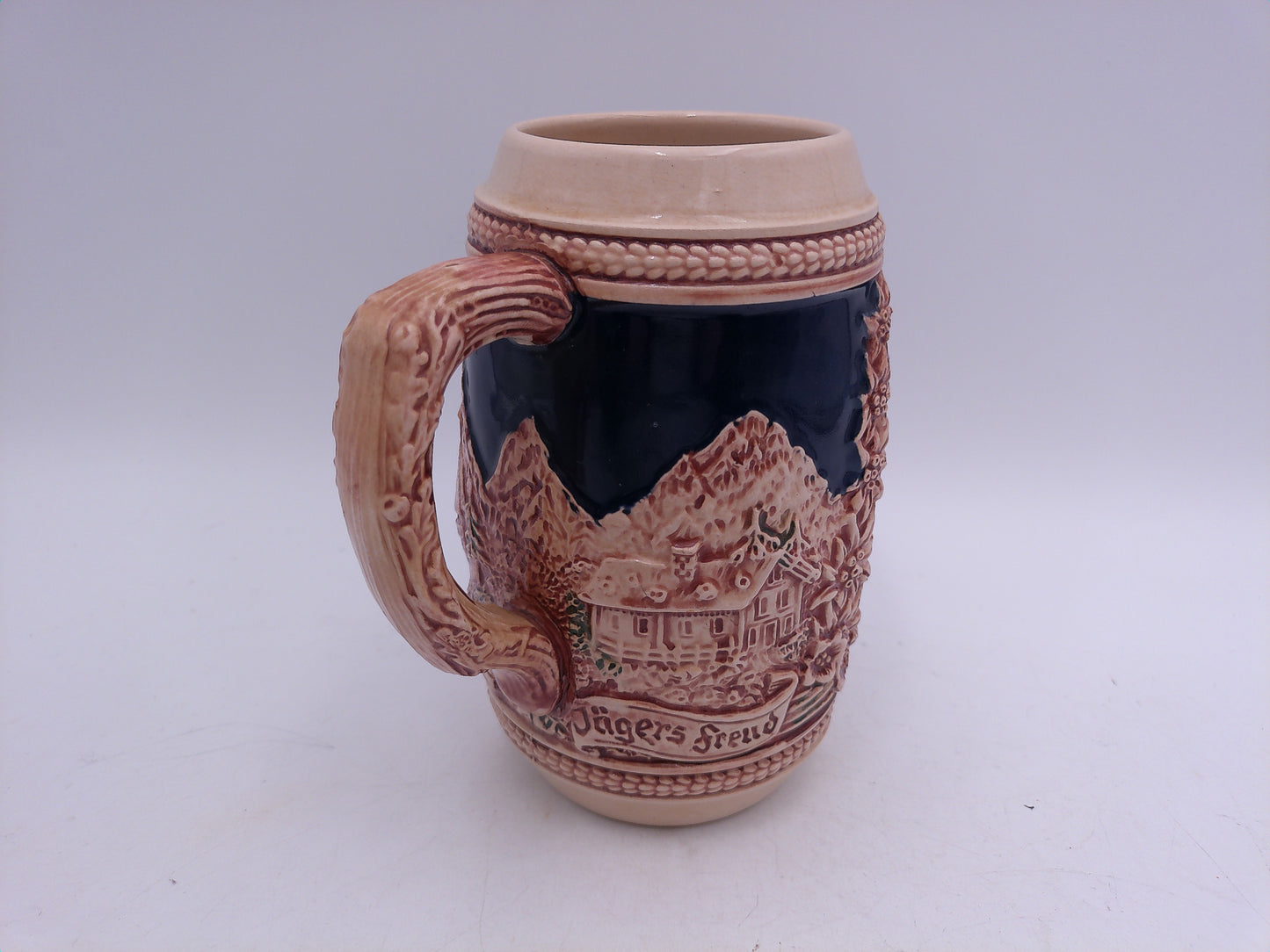 Beer Stein German Made Decorative Vintage Two Men on side of Stein