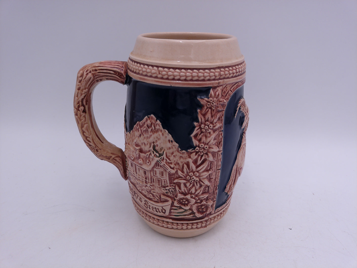 Beer Stein German Made Decorative Vintage Two Men on side of Stein