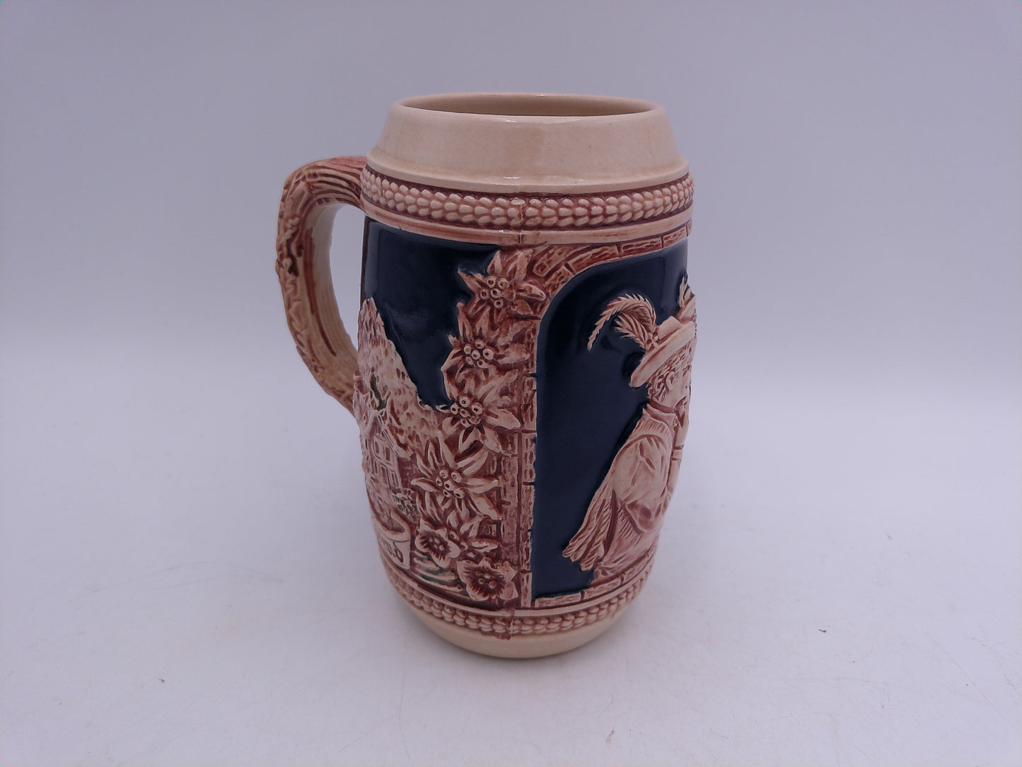Beer Stein German Made Decorative Vintage Two Men on side of Stein