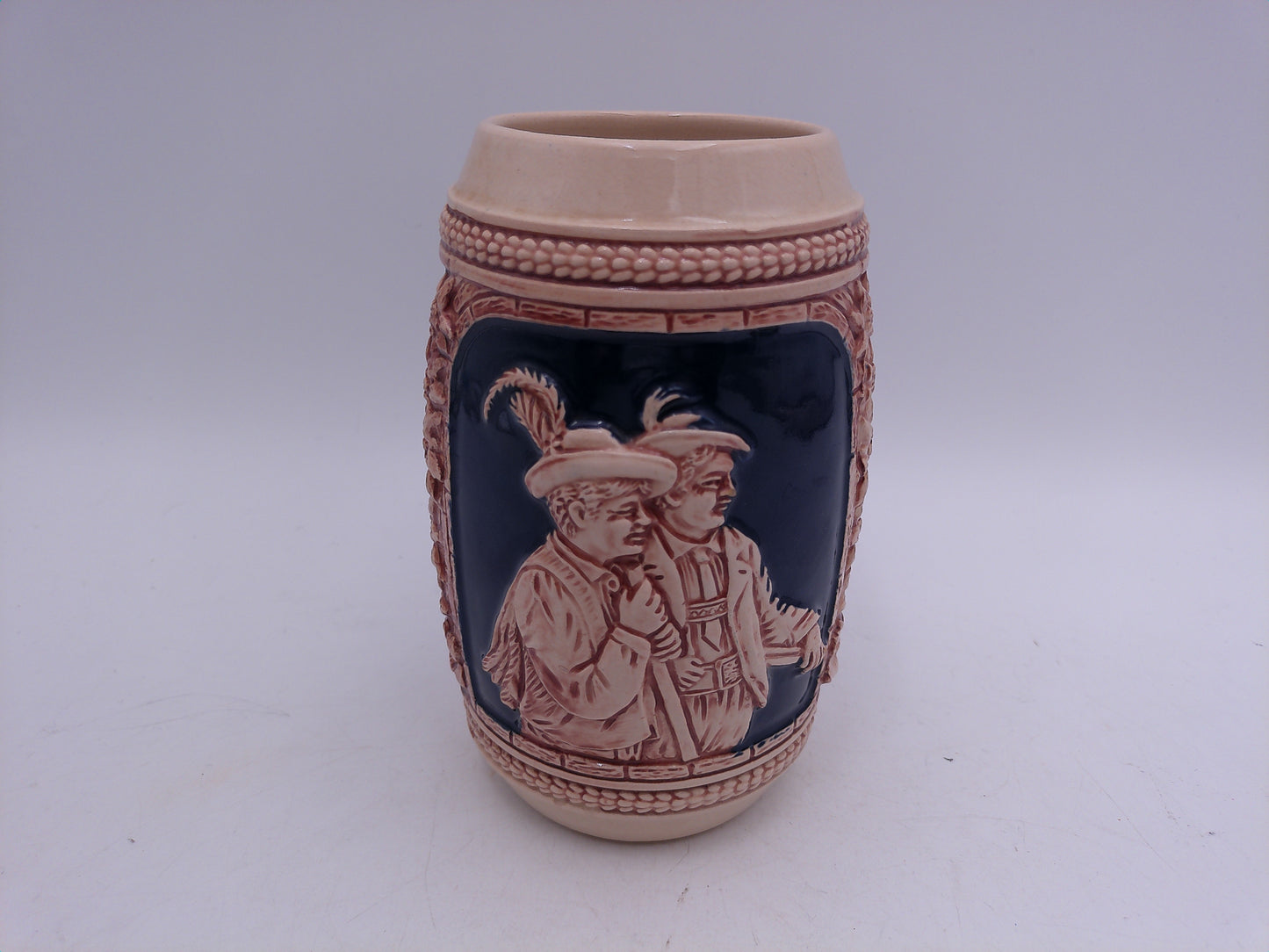 Beer Stein German Made Decorative Vintage Two Men on side of Stein