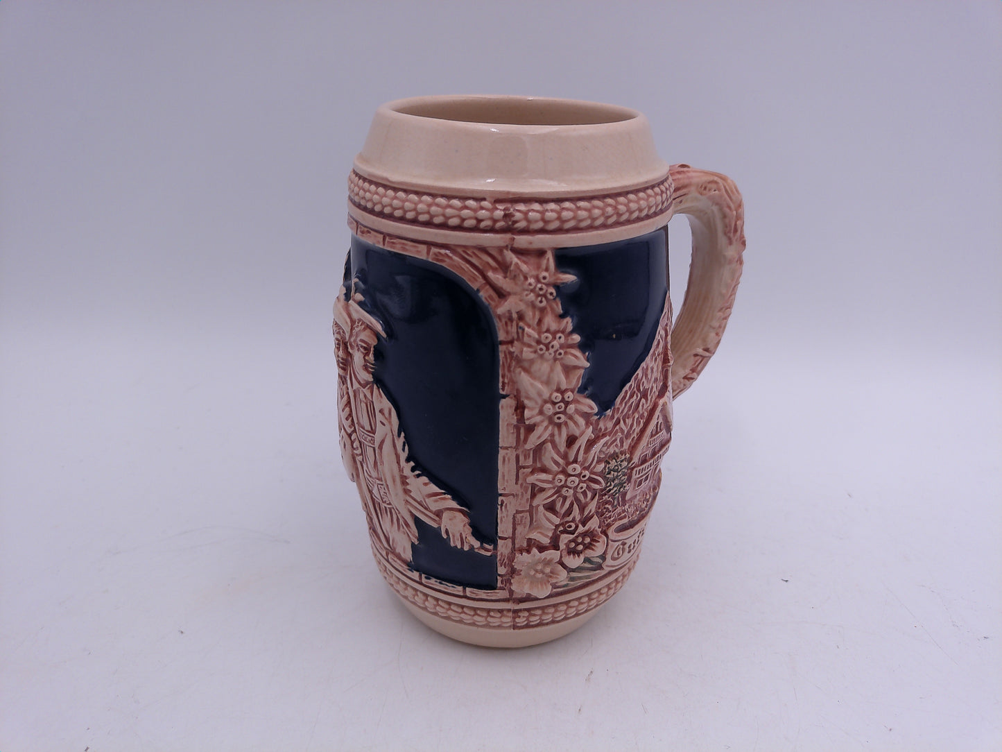 Beer Stein German Made Decorative Vintage Two Men on side of Stein