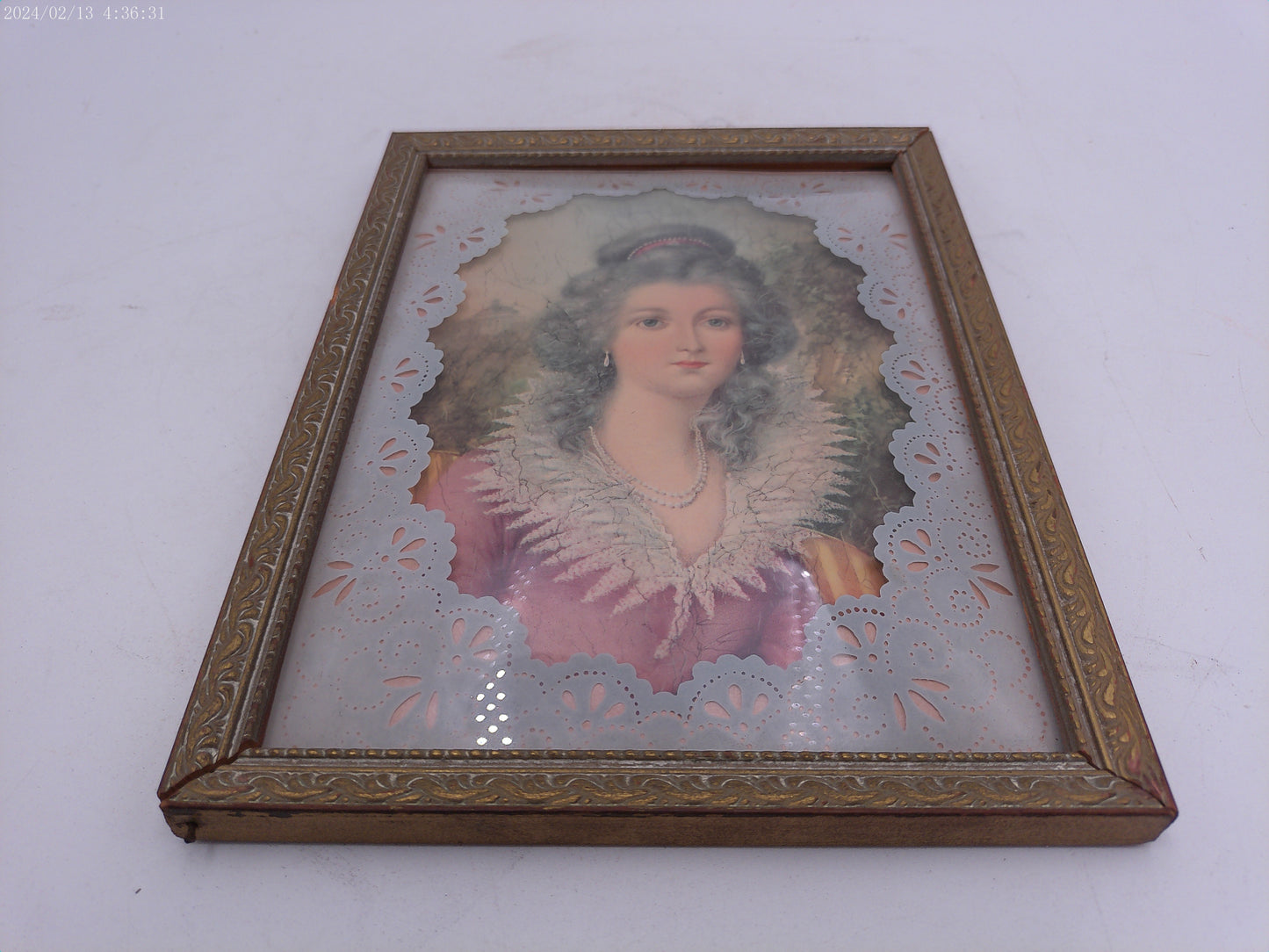 Glass Convex Silhouette Framed Picture Beautiful Lady  Vintage B18