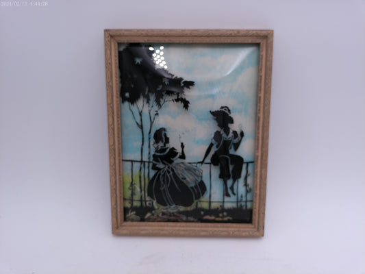 Glass Convex Silhouette Framed Picture  Friends by fence wood Frame  B115