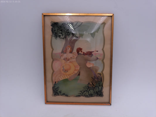 Glass Convex Silhouette Framed Picture Couple With Violin  Metal  Frame  B121