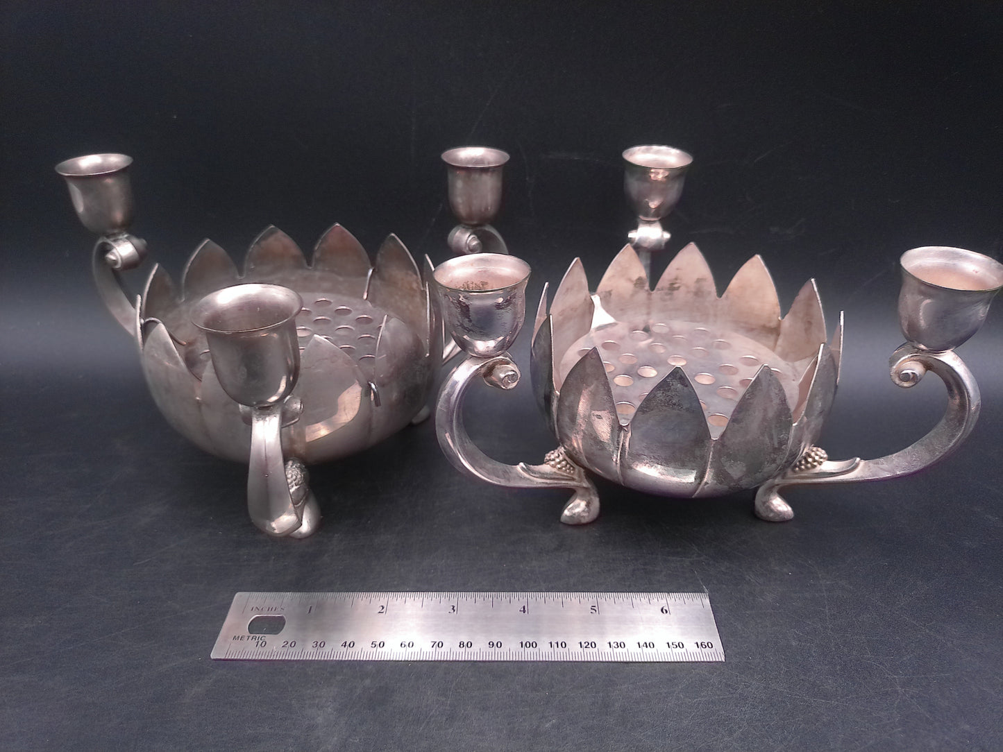 Lenard Silver Plate Centerpiece - Set of 2 Lotus Flower Bowls - 3 Candlestick Holders