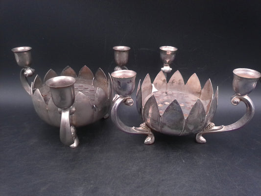 Lenard Silver Plate Centerpiece - Set of 2 Lotus Flower Bowls - 3 Candlestick Holders