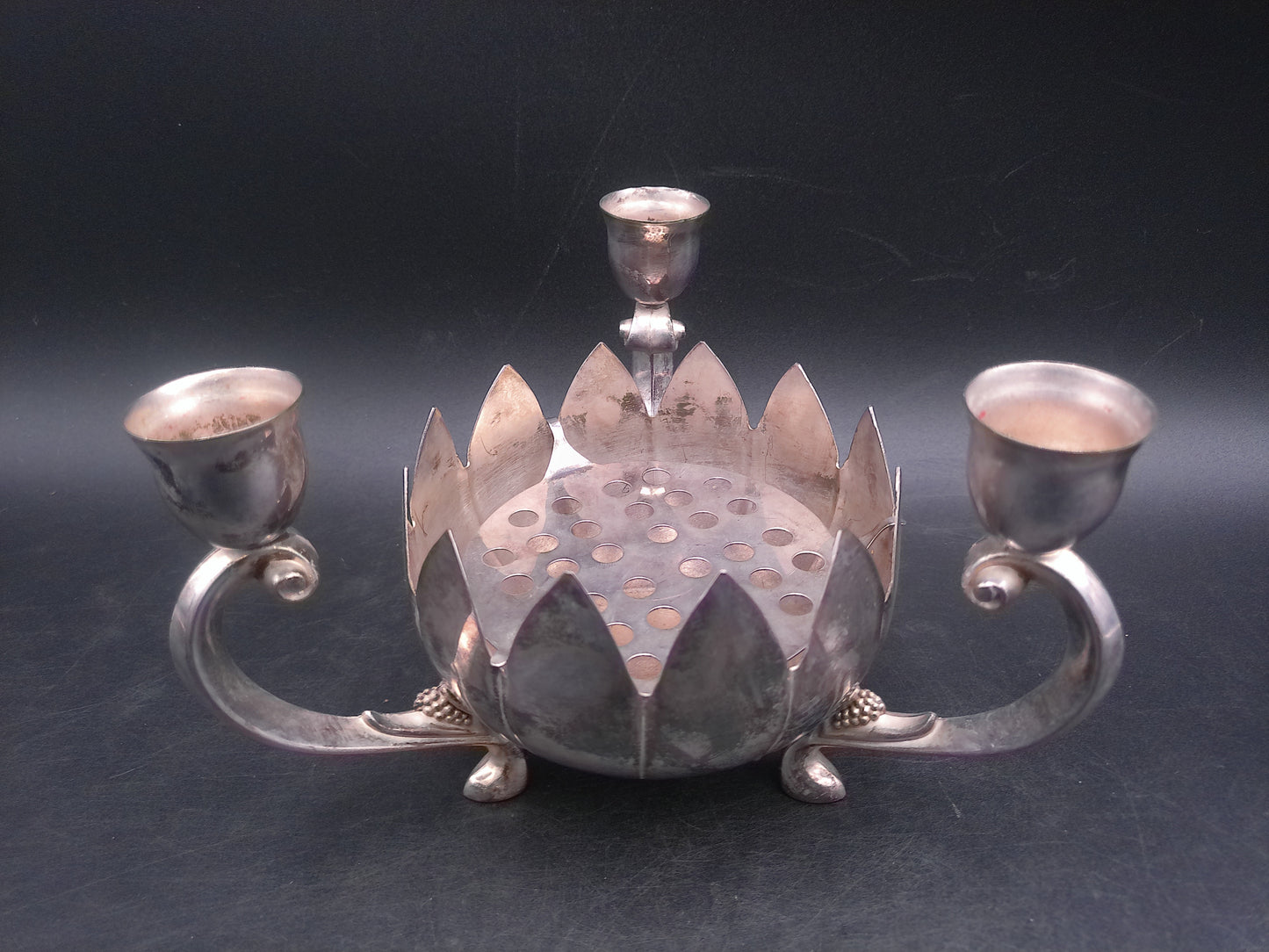 Lenard Silver Plate Centerpiece - Set of 2 Lotus Flower Bowls - 3 Candlestick Holders