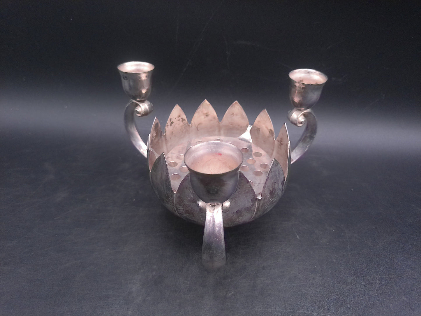 Lenard Silver Plate Centerpiece - Set of 2 Lotus Flower Bowls - 3 Candlestick Holders