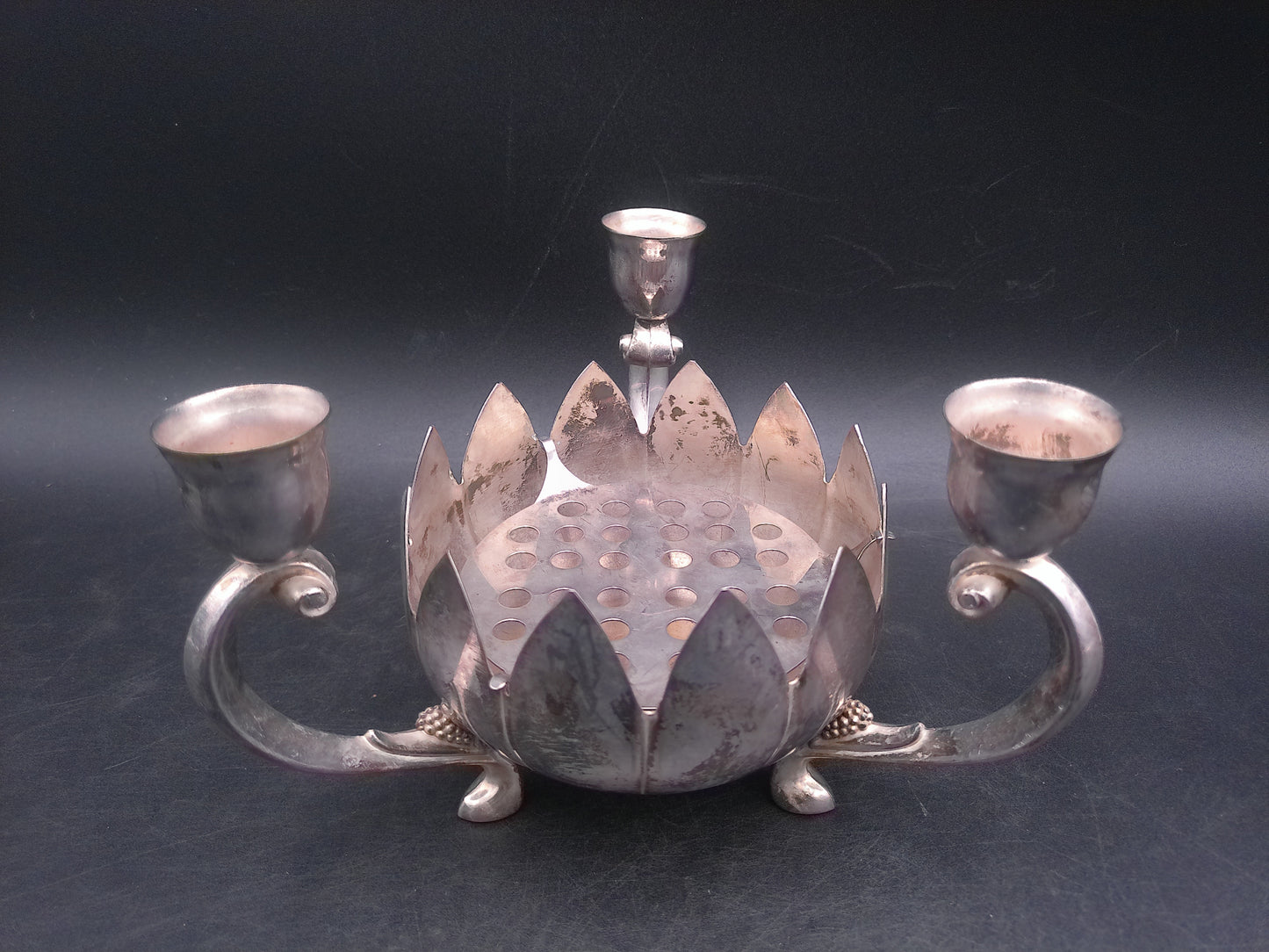 Lenard Silver Plate Centerpiece - Set of 2 Lotus Flower Bowls - 3 Candlestick Holders