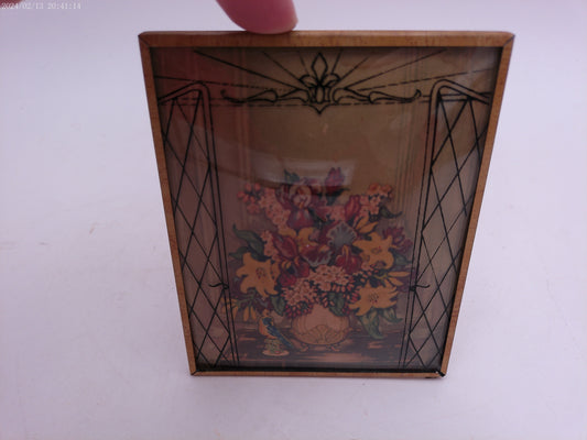 Glass Convex Silhouette Framed Picture Colorful Flowers behind  gate opening B23