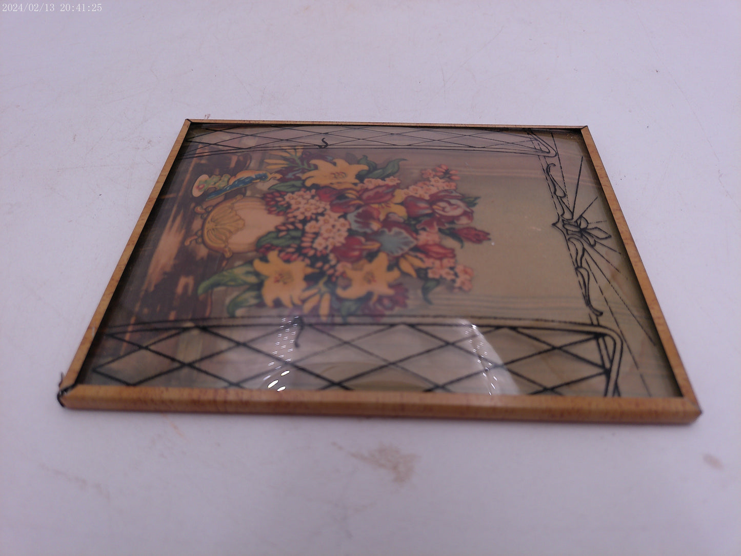 Glass Convex Silhouette Framed Picture Colorful Flowers behind  gate opening B23