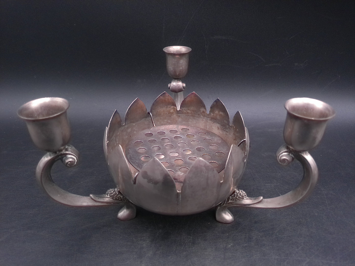 Lenard Silver Plate Centerpiece - Set of 2 Lotus Flower Bowls - 3 Candlestick Holders