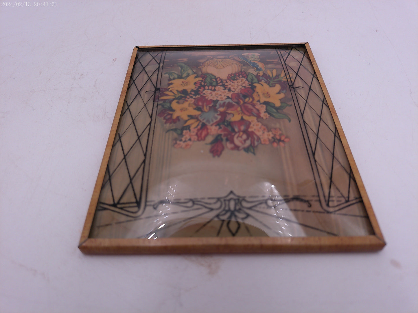 Glass Convex Silhouette Framed Picture Colorful Flowers behind  gate opening B23