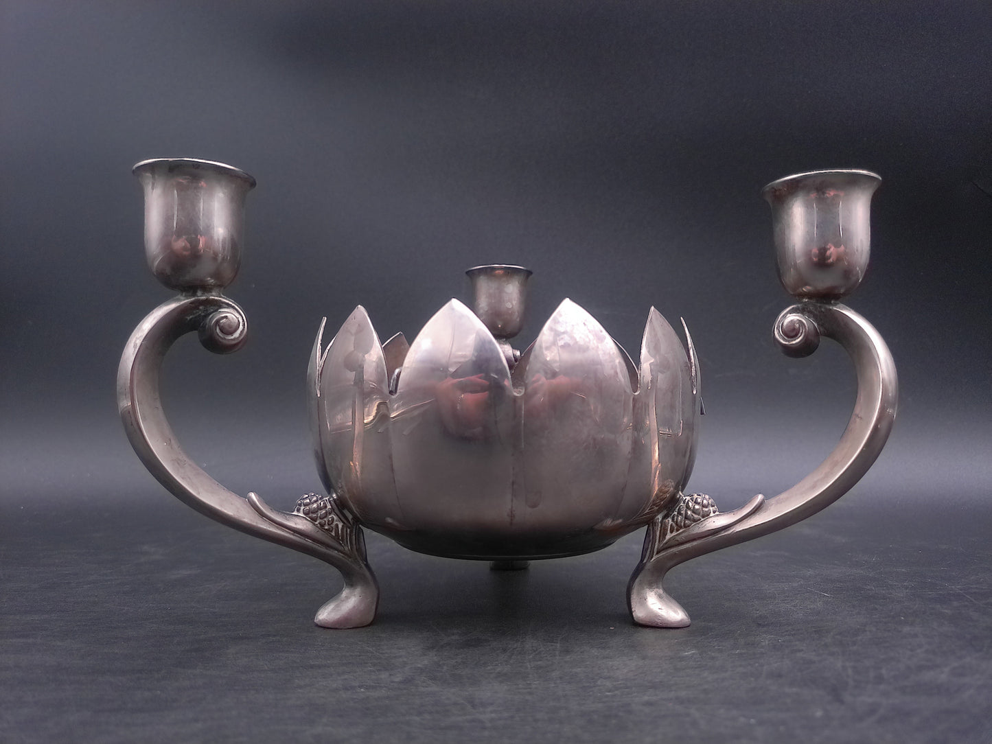 Lenard Silver Plate Centerpiece - Set of 2 Lotus Flower Bowls - 3 Candlestick Holders