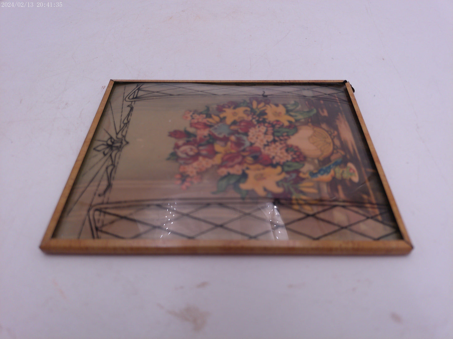 Glass Convex Silhouette Framed Picture Colorful Flowers behind  gate opening B23