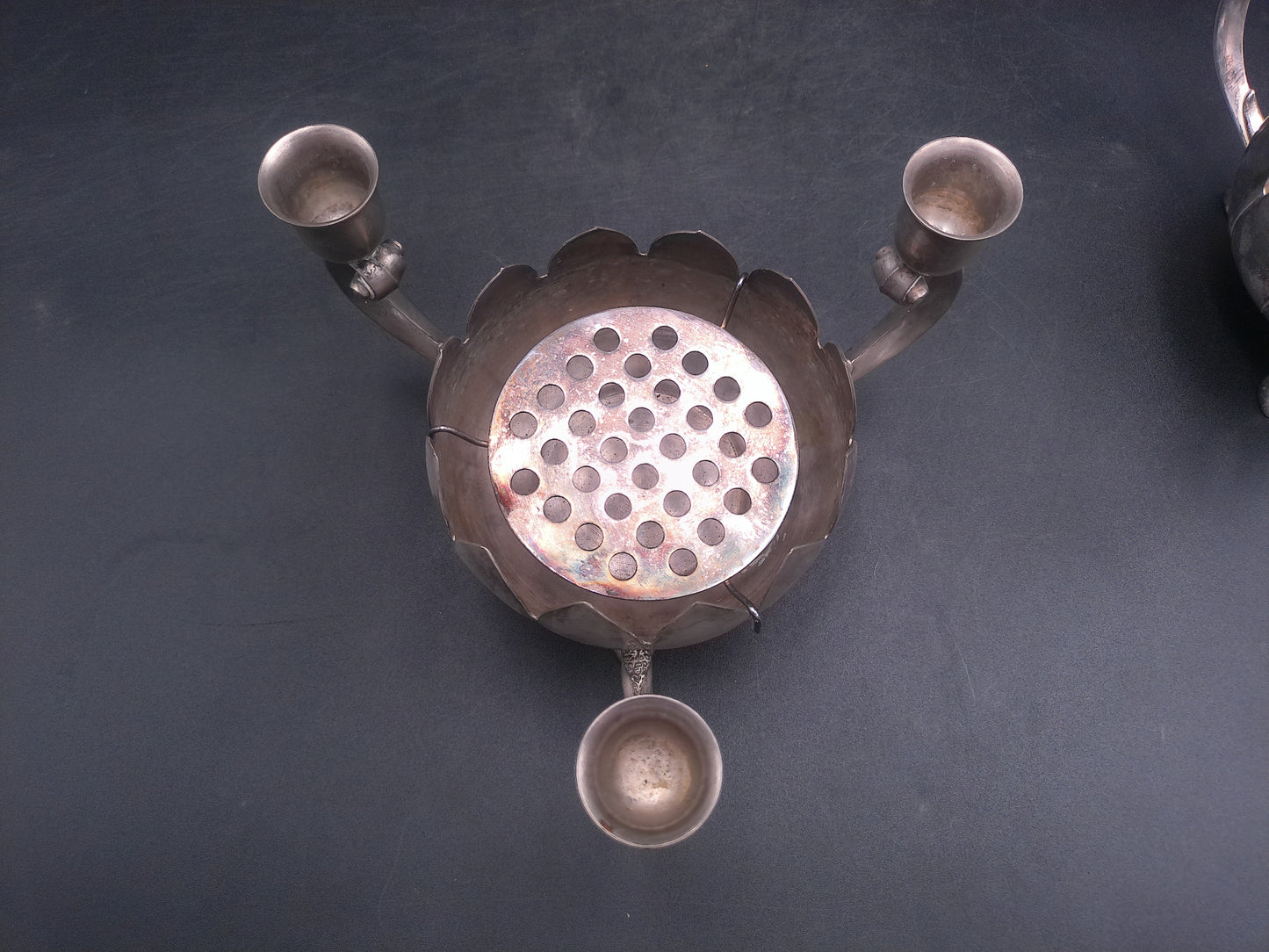 Lenard Silver Plate Centerpiece - Set of 2 Lotus Flower Bowls - 3 Candlestick Holders