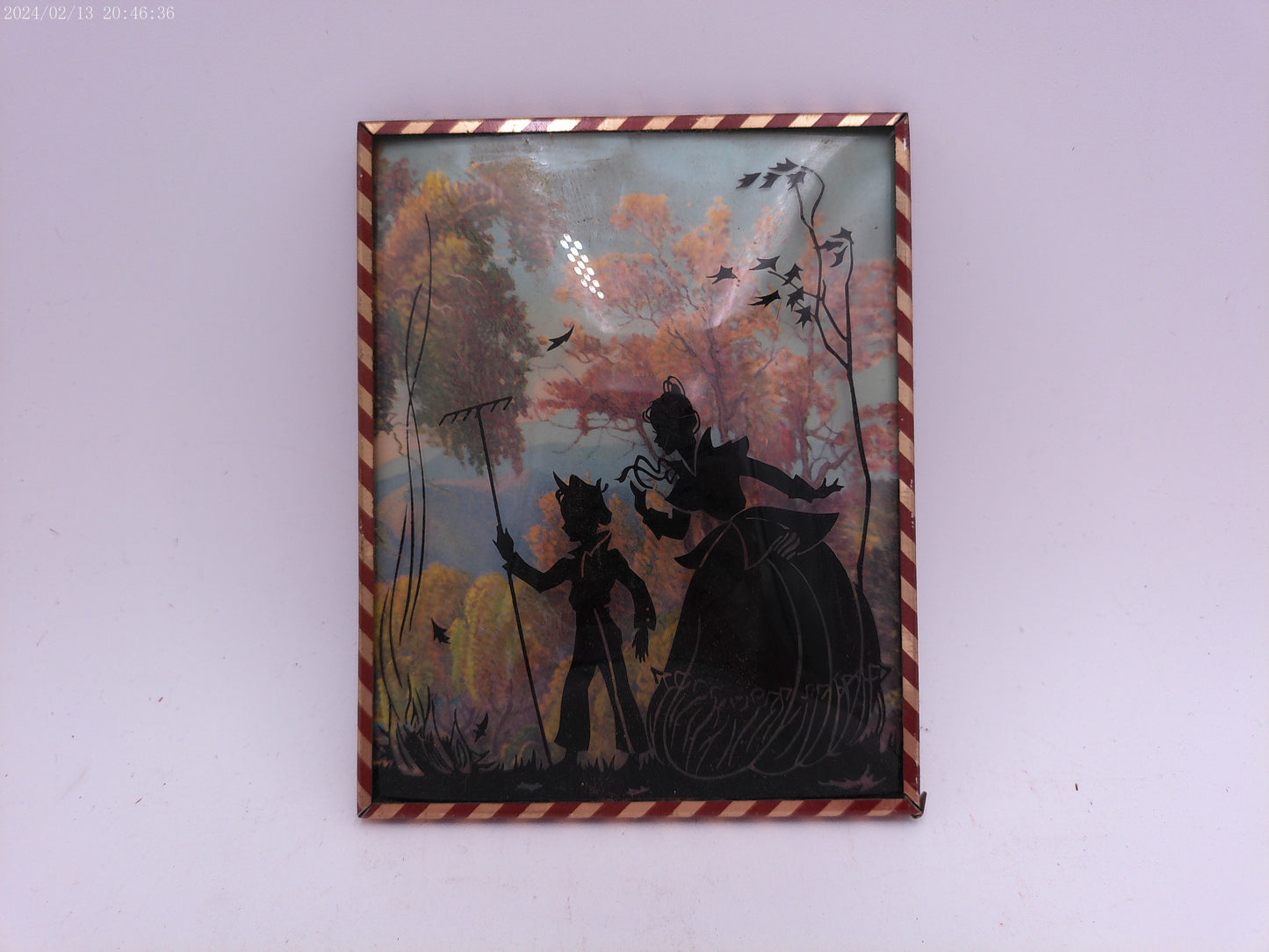 Glass Convex Silhouette Framed Picture Mother Child with Rake B28