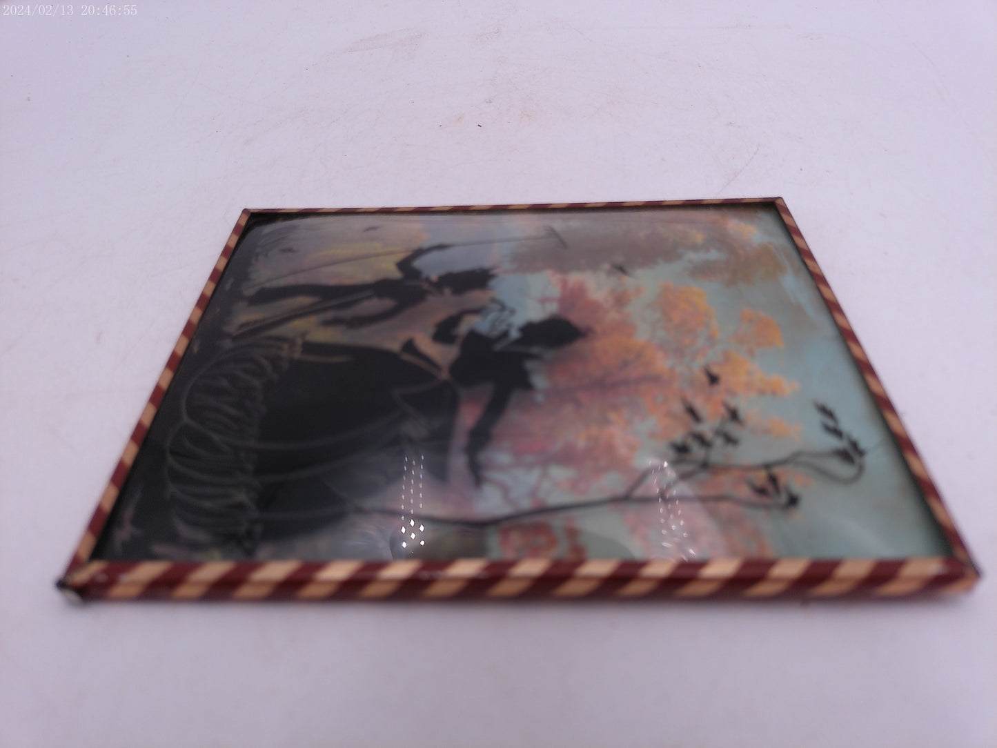 Glass Convex Silhouette Framed Picture Mother Child with Rake B28