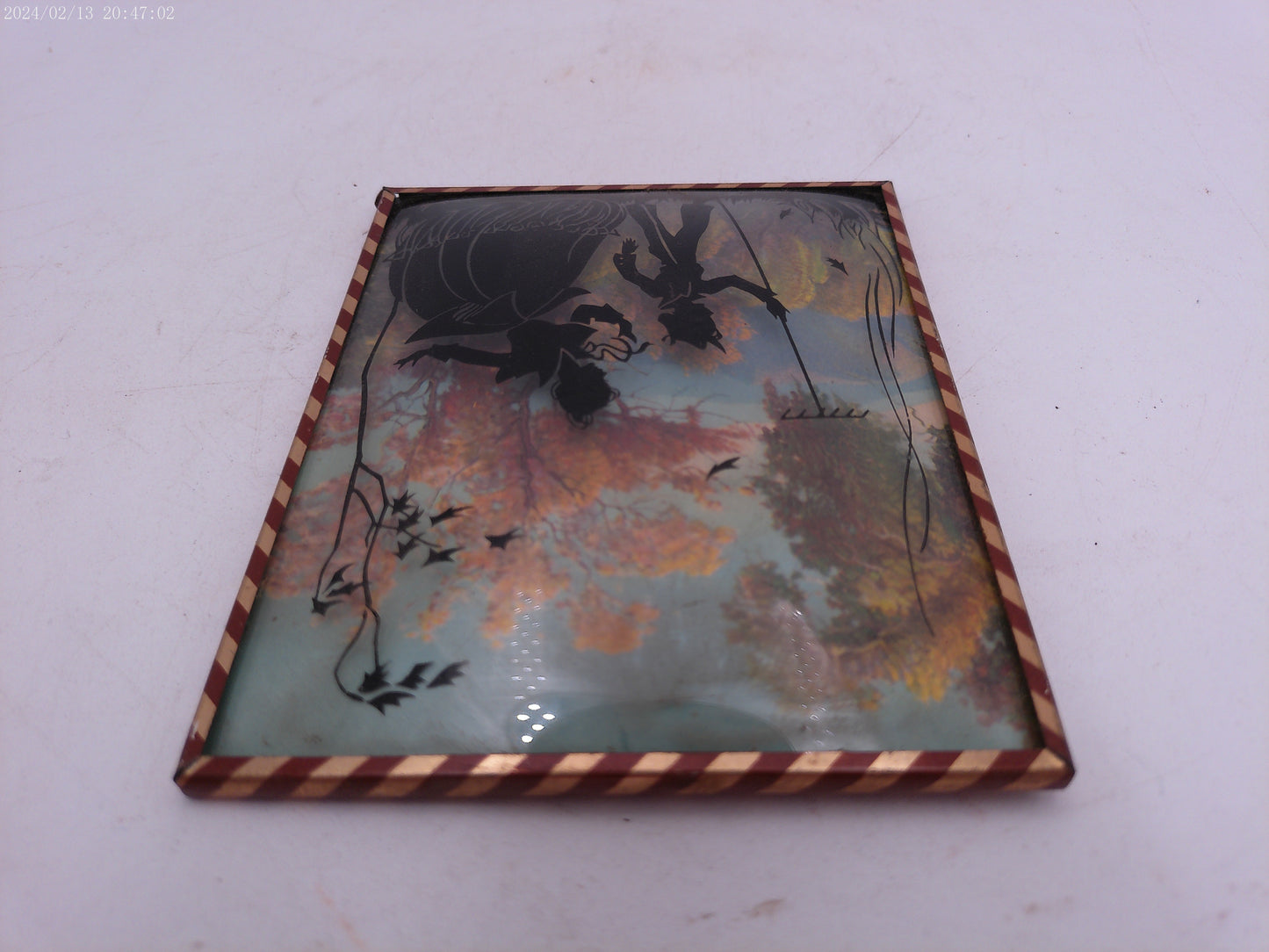 Glass Convex Silhouette Framed Picture Mother Child with Rake B28