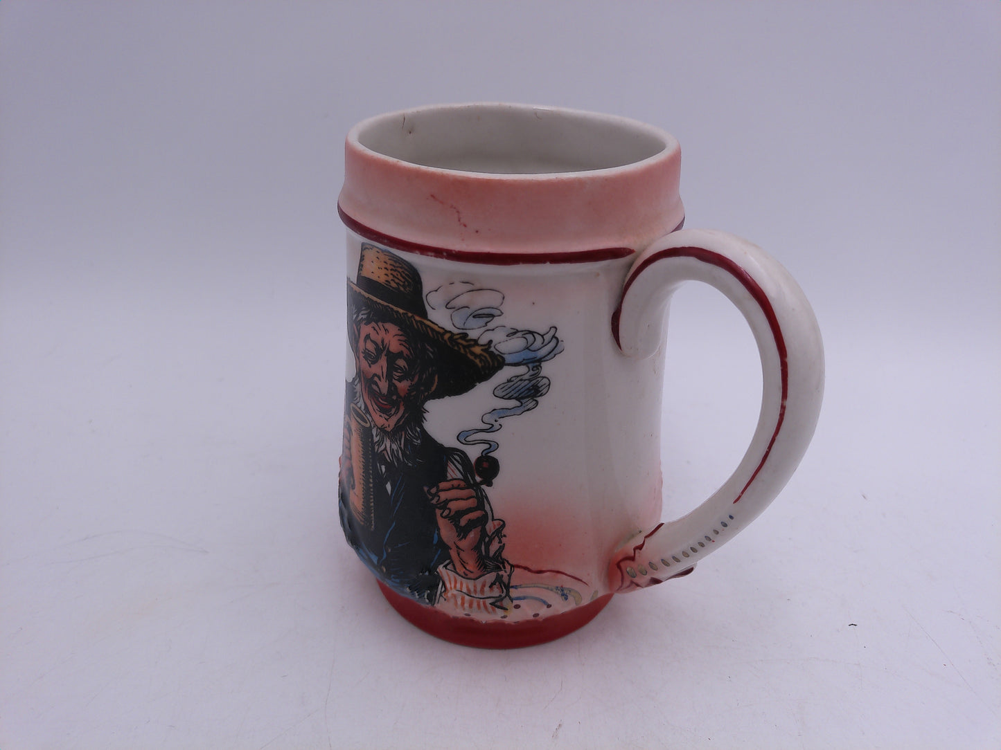 Beer Stein Old German Pilsen Mug On bottom Man Holding Beer and Pipe