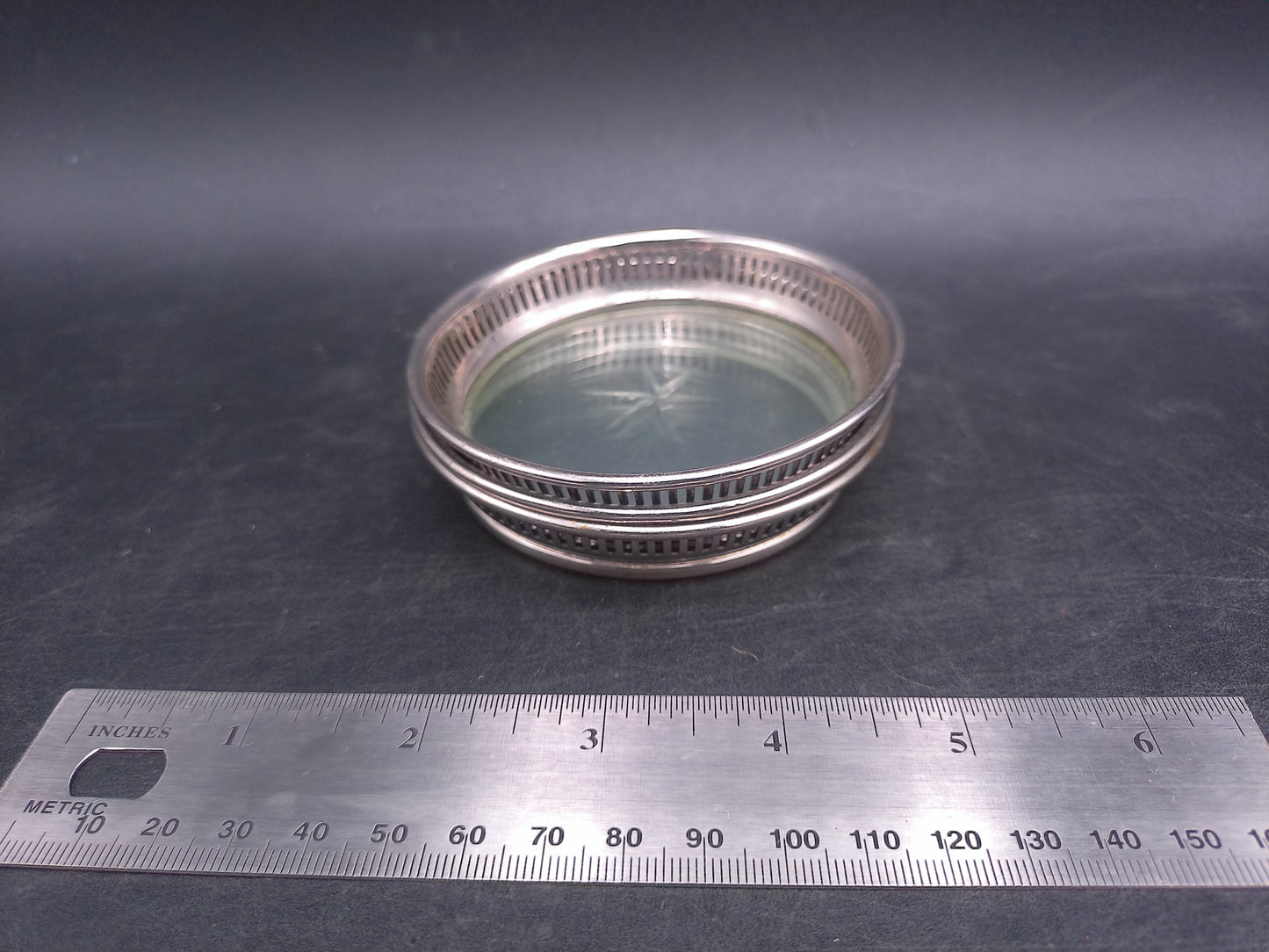 Starburst Glass Silverplate Trim Coasters Set of 3 Vintage