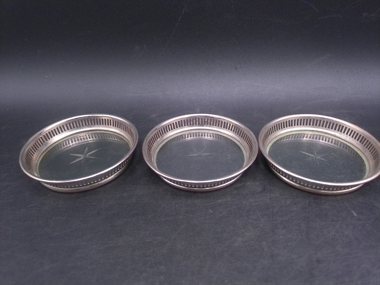 Starburst Glass Silverplate Trim Coasters Set of 3 Vintage