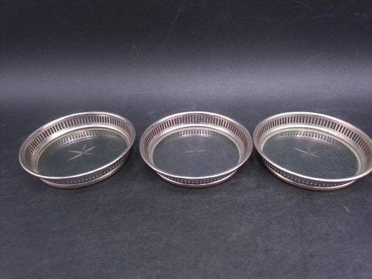 Starburst Glass Silverplate Trim Coasters  Set of 3 Vintage