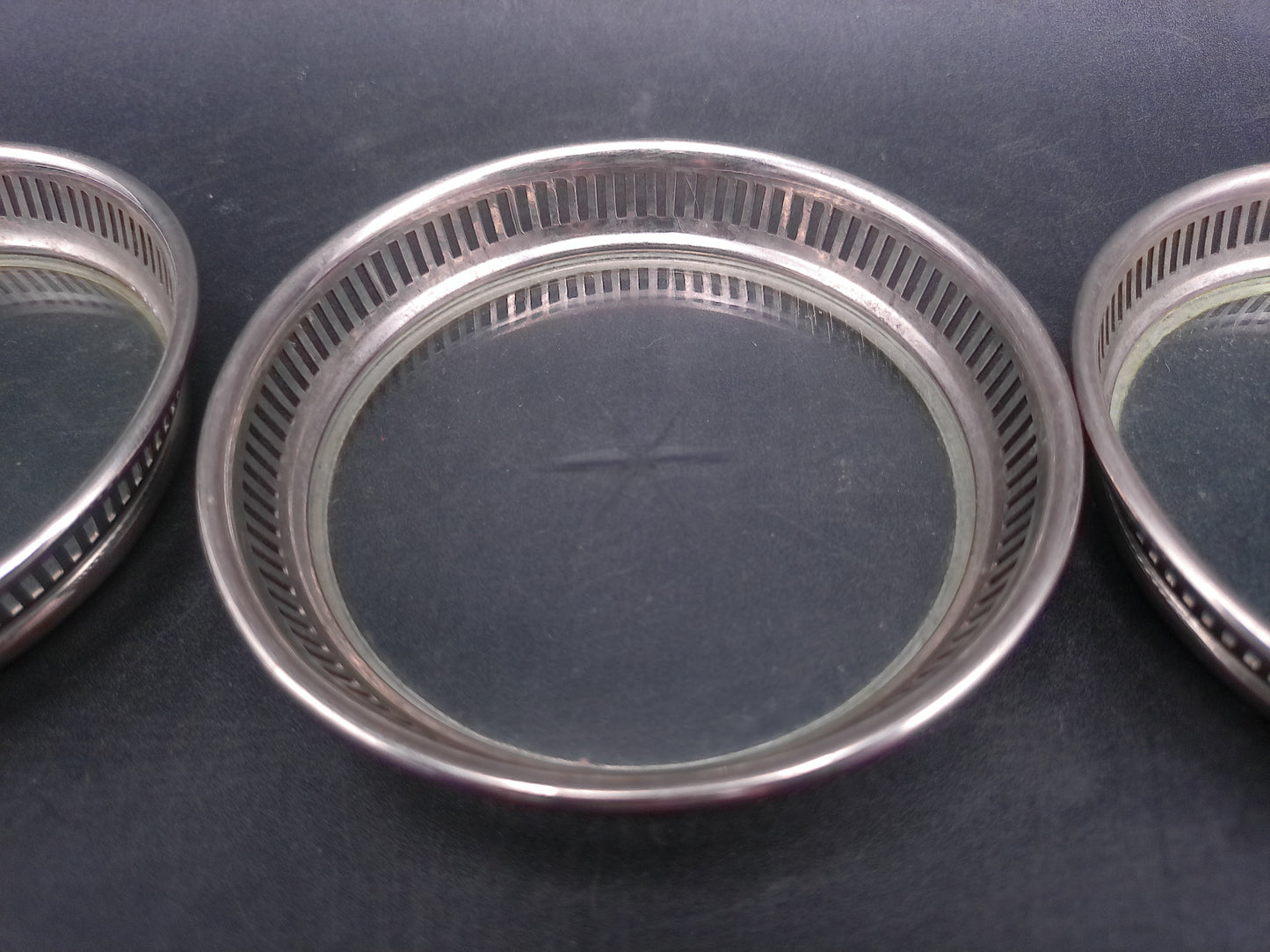Starburst Glass Silverplate Trim Coasters Set of 3 Vintage