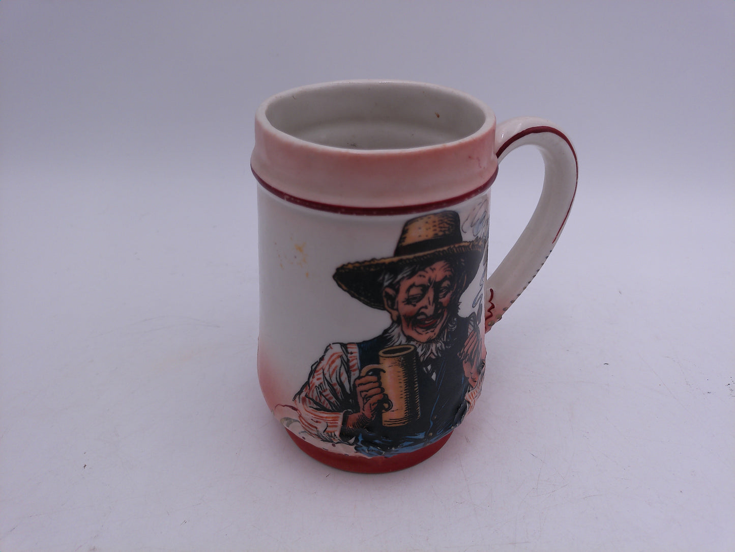Beer Stein Old German Pilsen Mug On bottom Man Holding Beer and Pipe