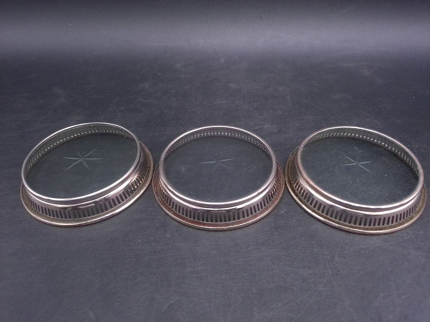 Starburst Glass Silverplate Trim Coasters Set of 3 Vintage