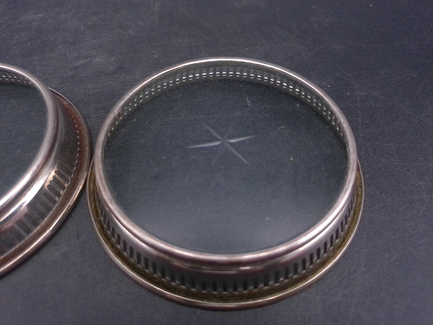 Starburst Glass Silverplate Trim Coasters Set of 3 Vintage