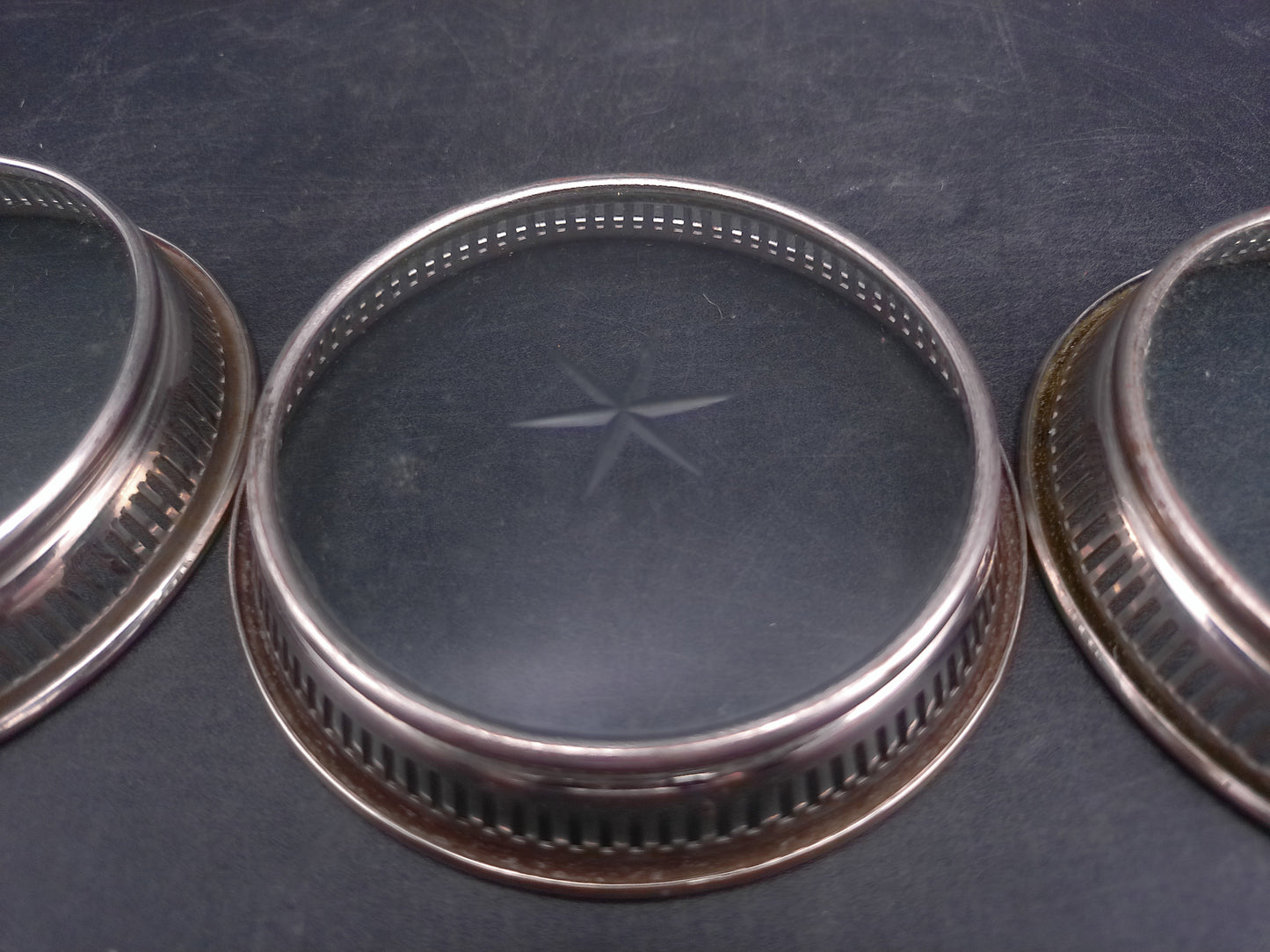 Starburst Glass Silverplate Trim Coasters Set of 3 Vintage