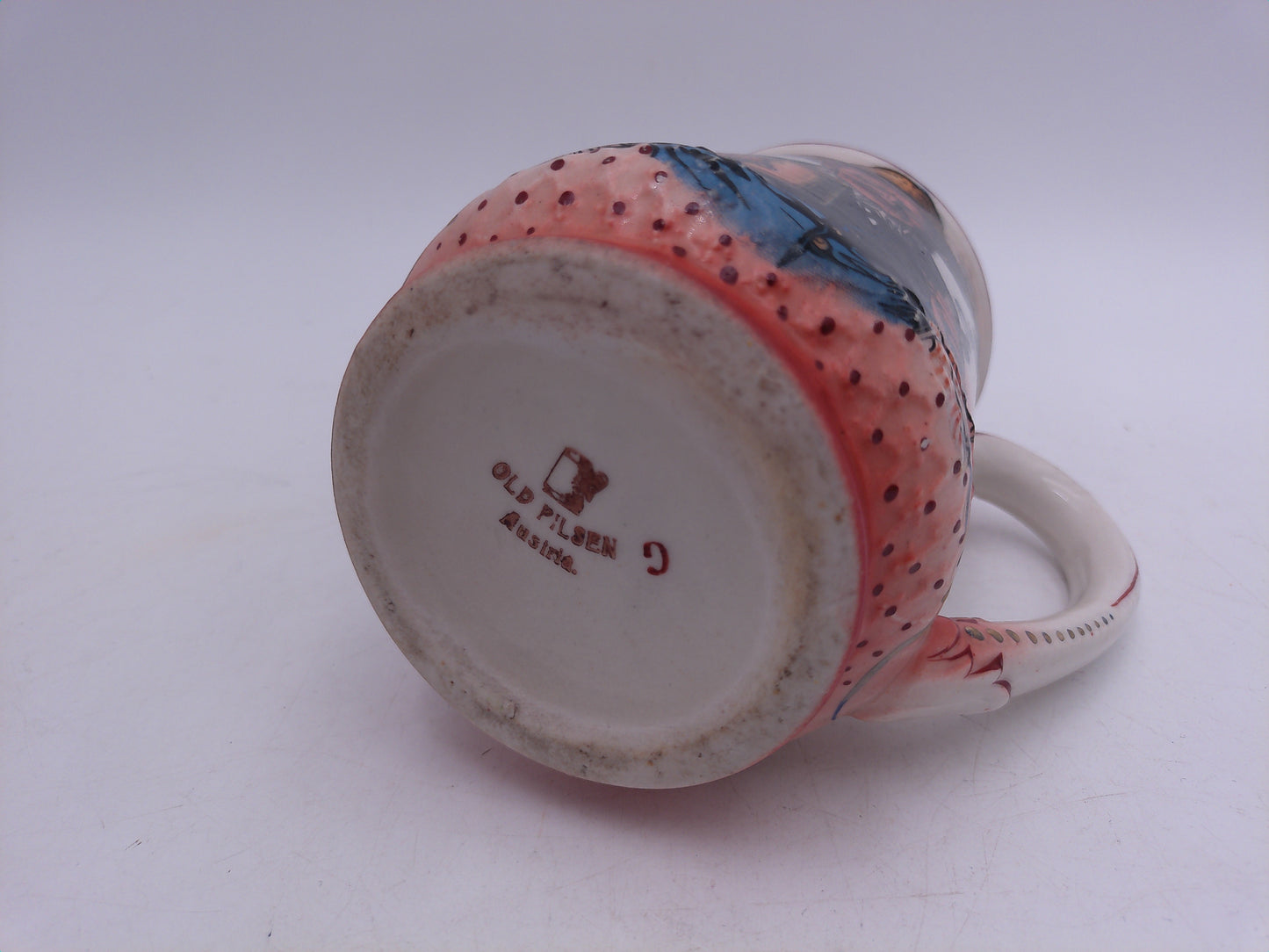 Beer Stein Old German Pilsen Mug On bottom Man Holding Beer and Pipe