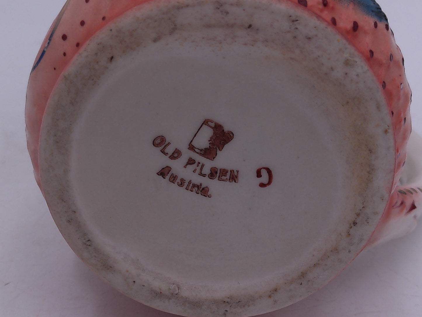 Beer Stein Old German Pilsen Mug On bottom Man Holding Beer and Pipe