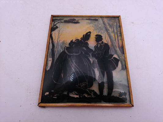 Glass Convex Silhouette Framed Picture Couple Standing Under Tree  B31