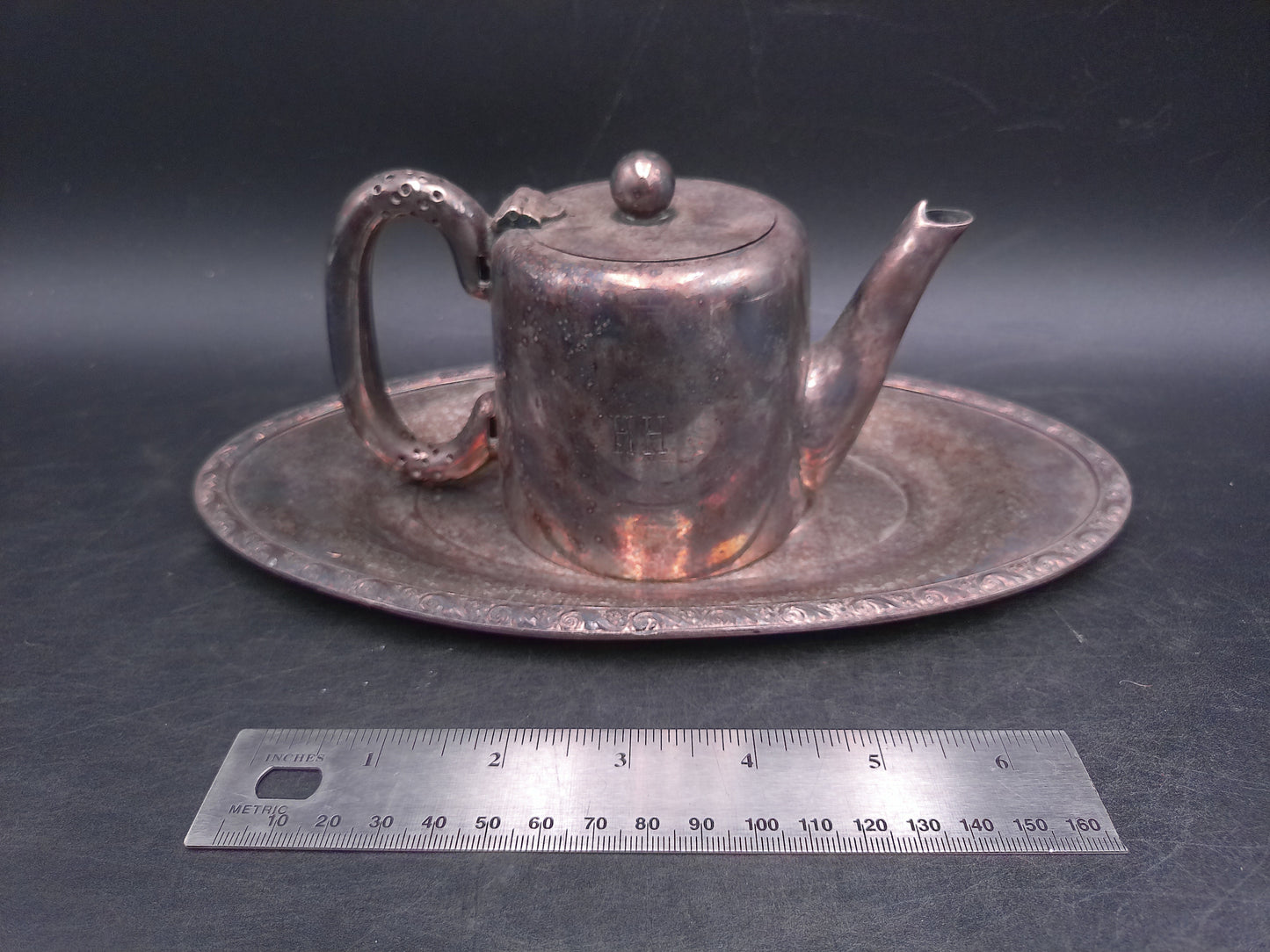 Teapot Coffee Silver Pot with Plate Marked SMPC Sidney 200 Antique H.H. on side