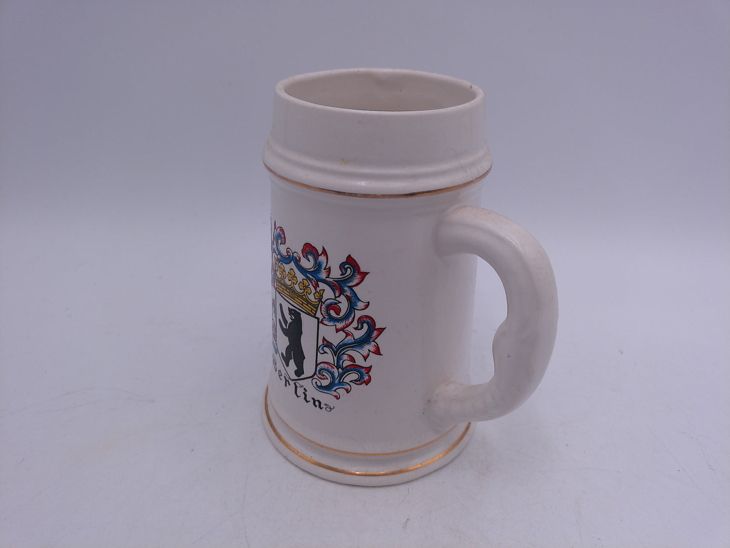 Beer Stein Berlin Logo with Gold Colored Rings Top and Bottom Vintage