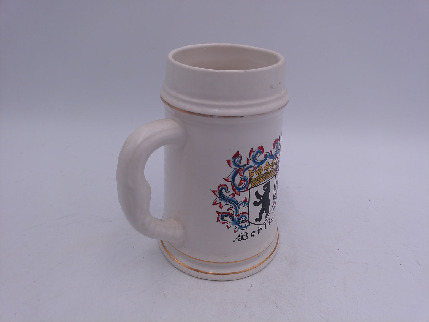 Beer Stein Berlin Logo with Gold Colored Rings Top and Bottom Vintage