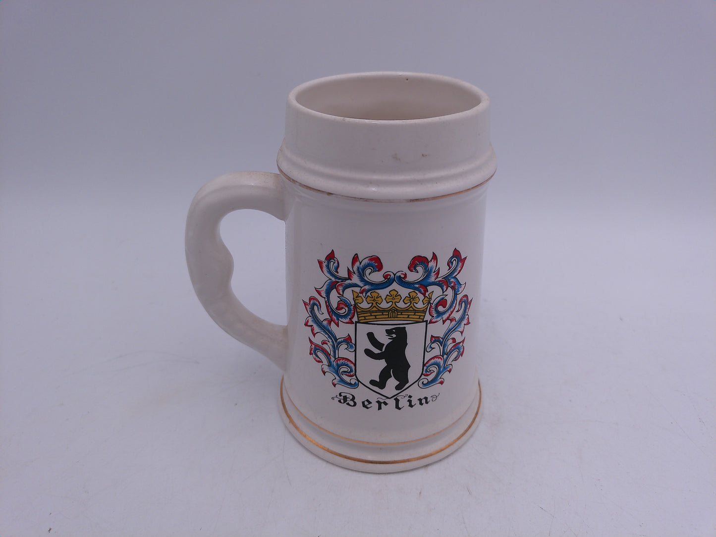 Beer Stein Berlin Logo with Gold Colored Rings Top and Bottom Vintage