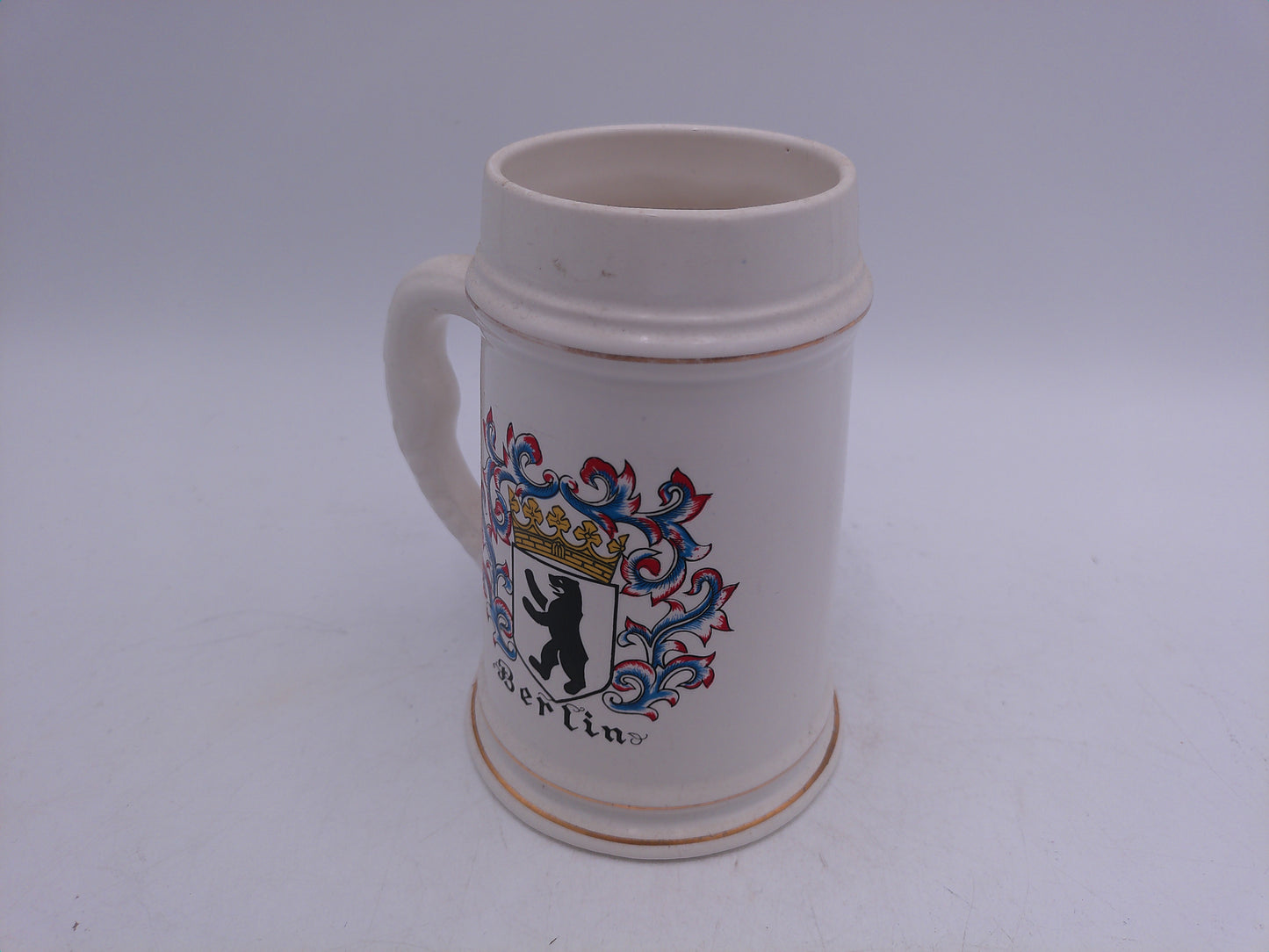 Beer Stein Berlin Logo with Gold Colored Rings Top and Bottom Vintage