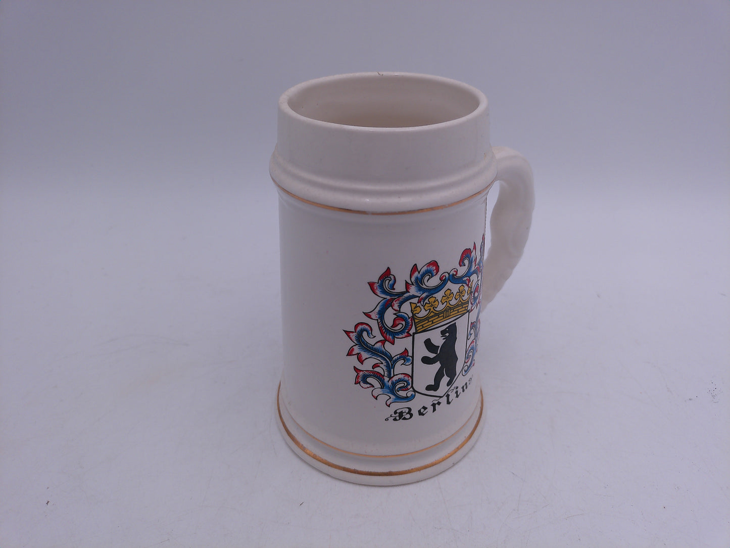 Beer Stein Berlin Logo with Gold Colored Rings Top and Bottom Vintage