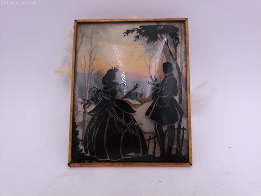 Glass Convex Silhouette Framed Picture Couple with Flowers  B37