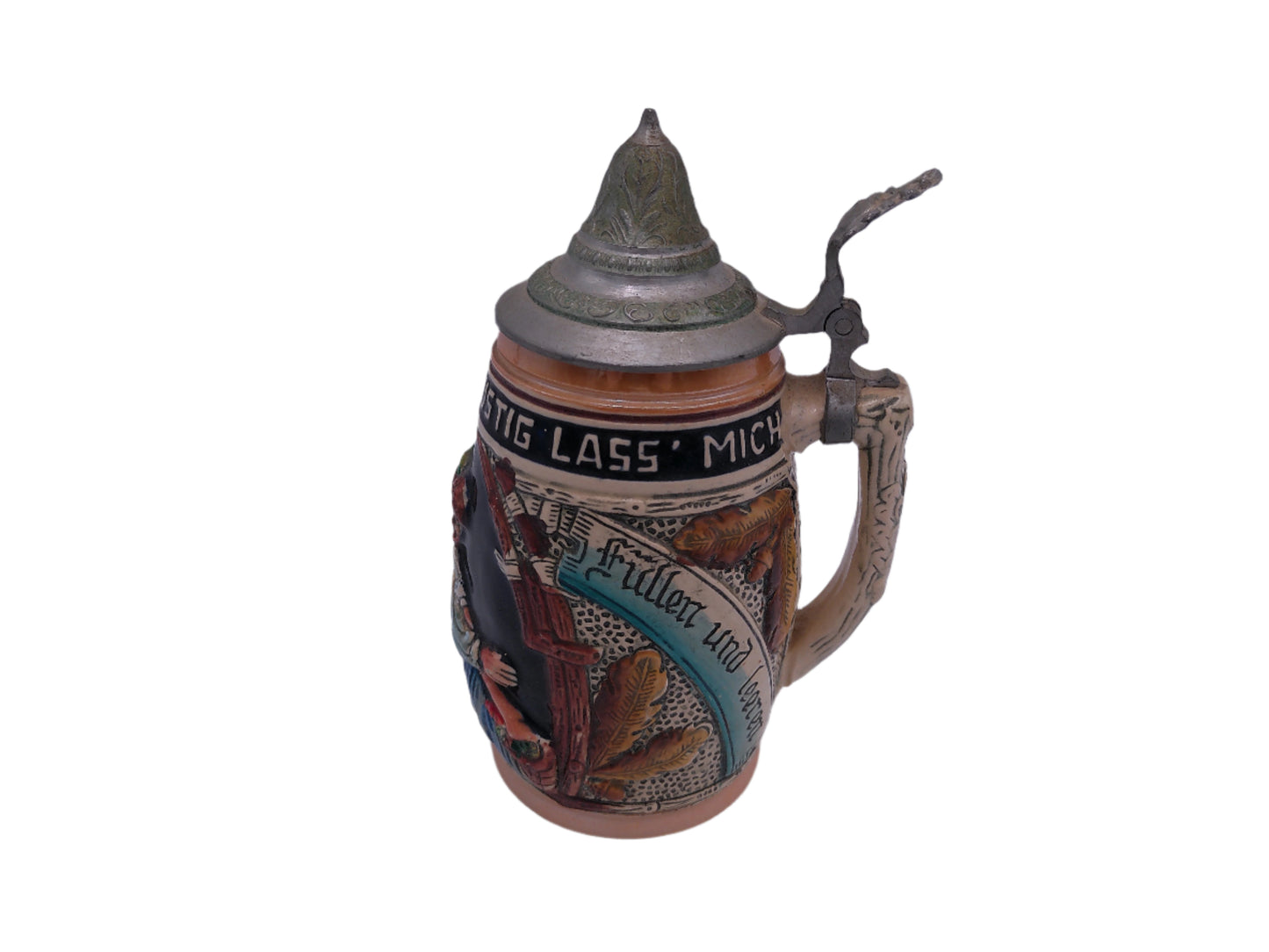 Beer Stein King , "Lustig Fass Mich Lustig Lass Mich", 1/4L German pewter Lid