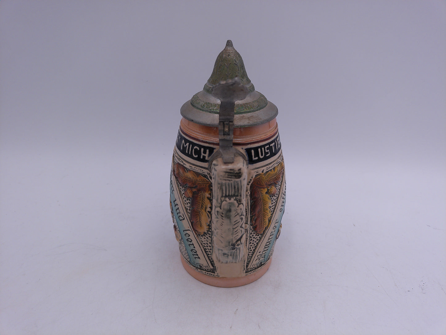 Beer Stein King , "Lustig Fass Mich Lustig Lass Mich", 1/4L German pewter Lid