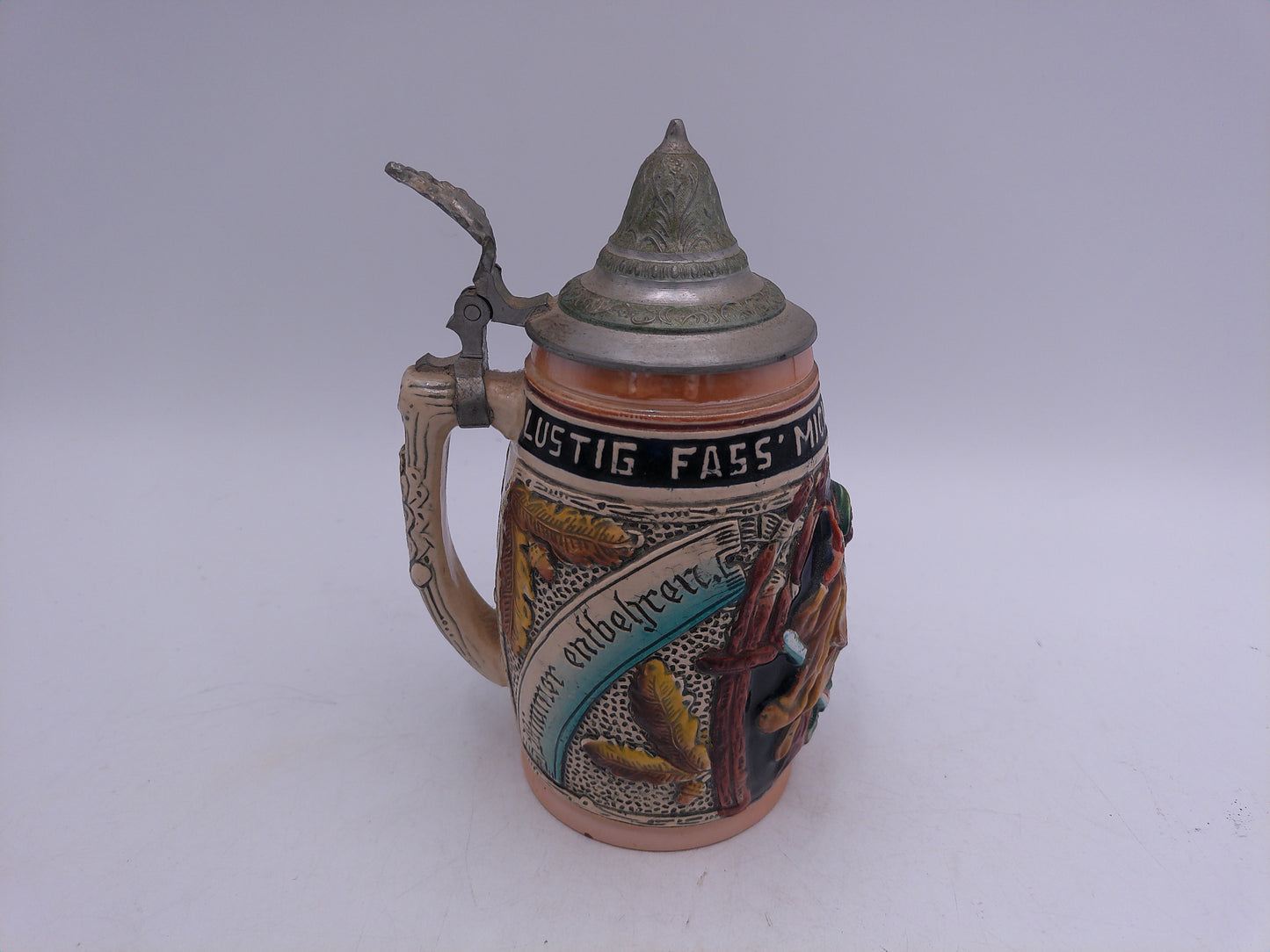 Beer Stein King , "Lustig Fass Mich Lustig Lass Mich", 1/4L German pewter Lid