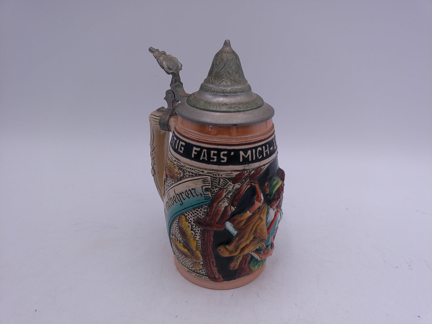 Beer Stein King , "Lustig Fass Mich Lustig Lass Mich", 1/4L German pewter Lid