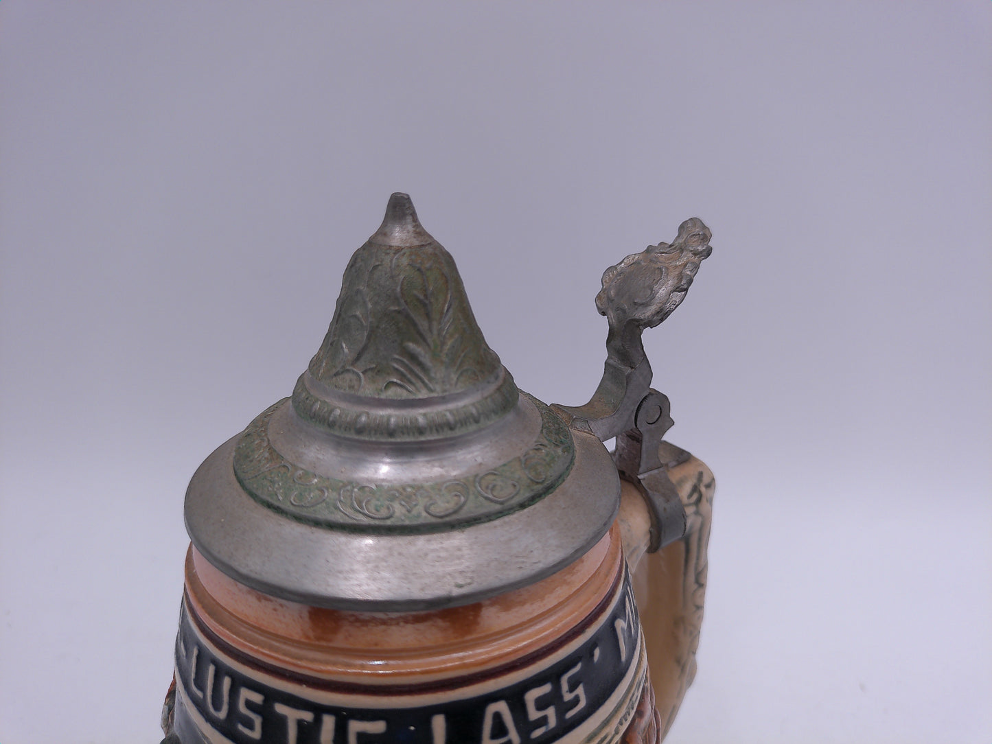 Beer Stein King , "Lustig Fass Mich Lustig Lass Mich", 1/4L German pewter Lid