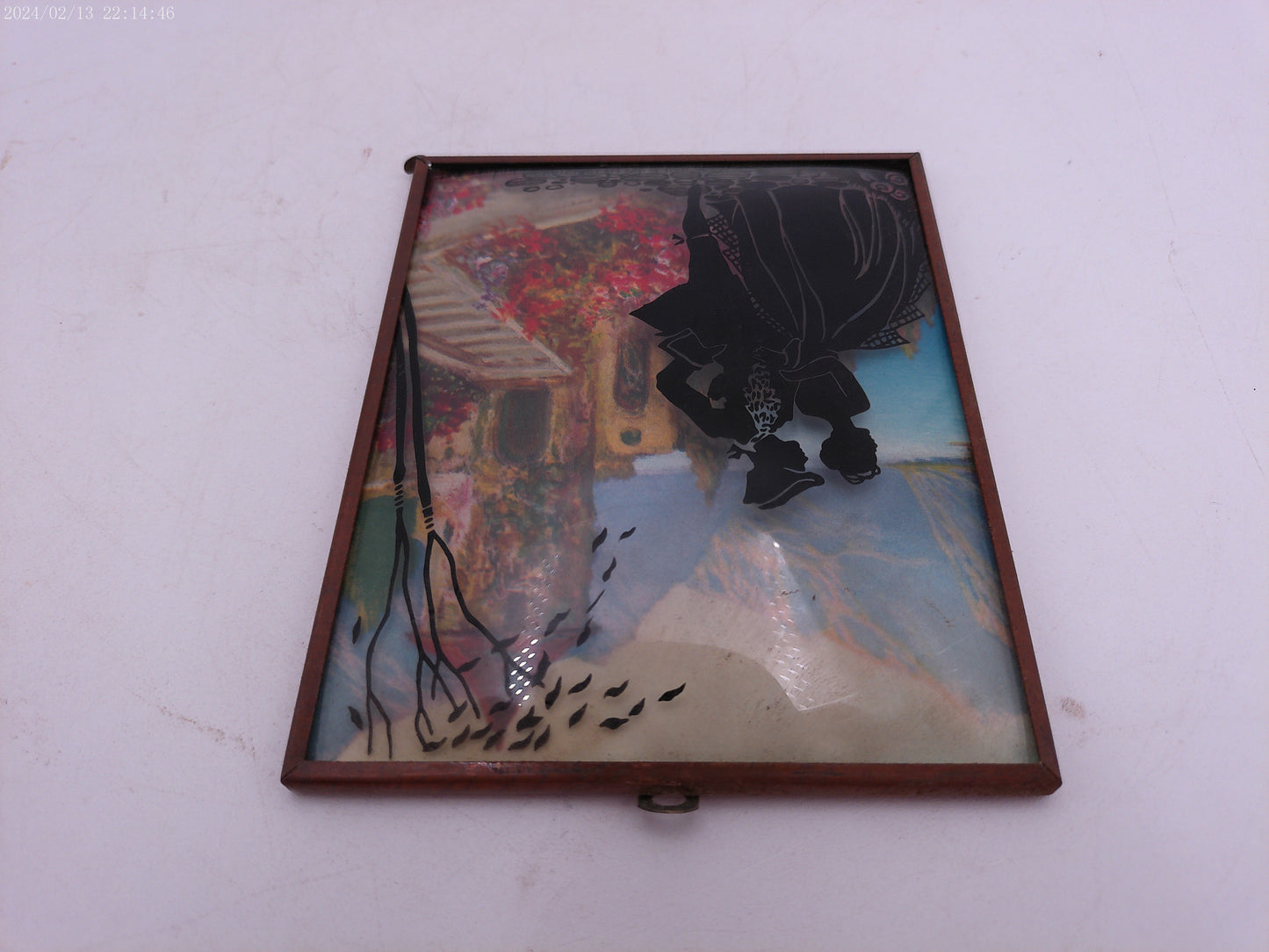 Glass Convex Silhouette Framed Picture Couple with Flowers by Stairs B312