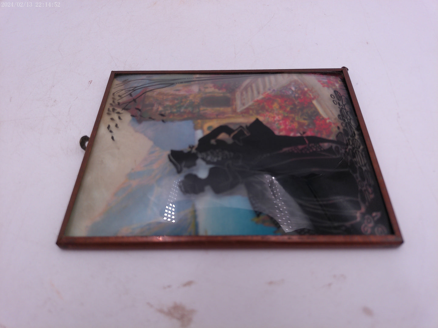 Glass Convex Silhouette Framed Picture Couple with Flowers by Stairs B312